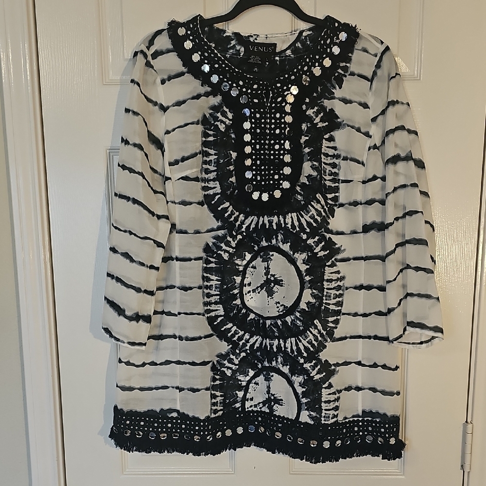 VENUS Vintage Fringe Crochet Tie Dye Long Sleeve Silk Tunic Coverup Large EUC